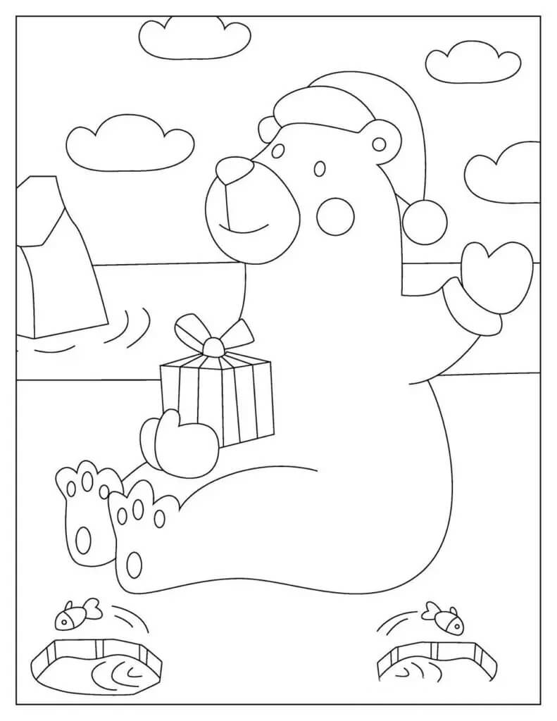 Beruang Kutub memakai Topi Natal memegang Kotak Hadiah