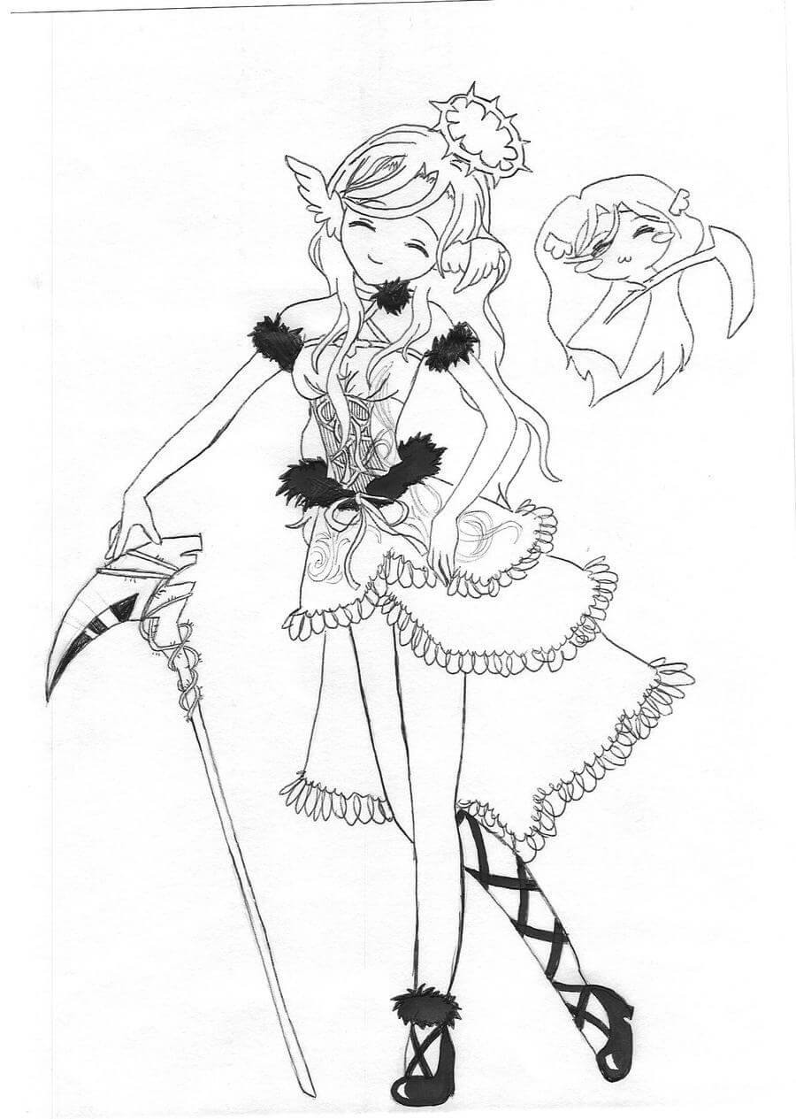 Gadis Anime yang Bahagia Sabit Memegang Sabit