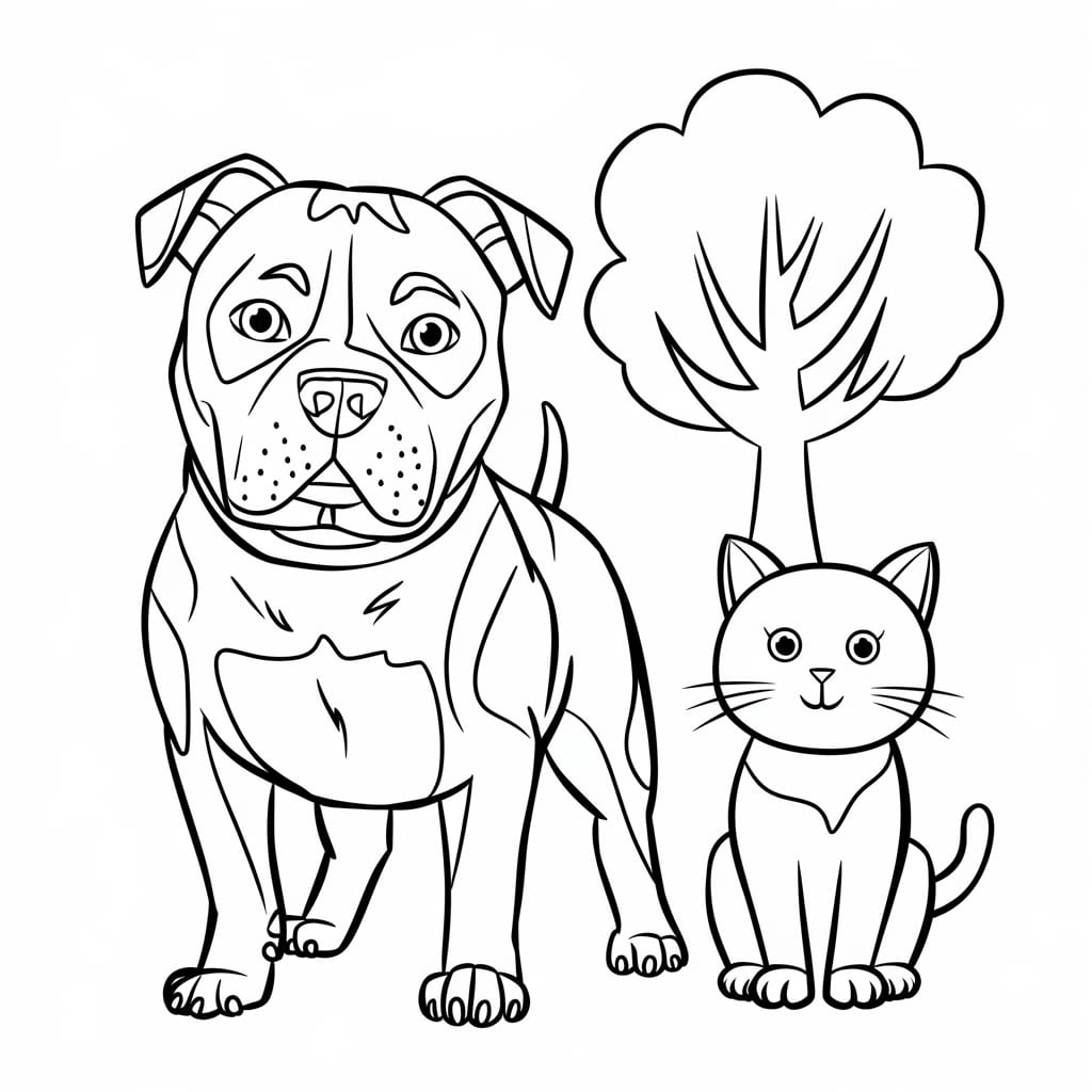 Kucing dengan Anjing Pitbull dan pohon