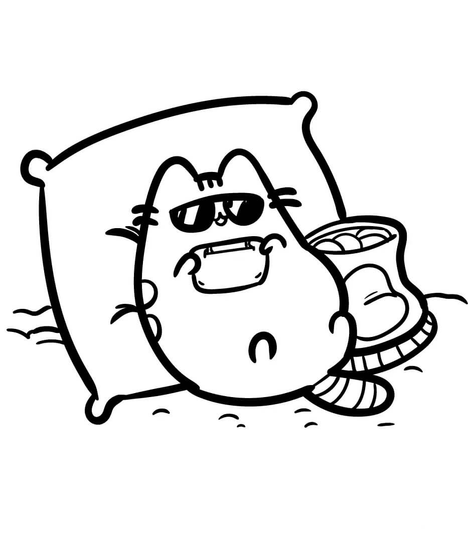 Pusheen di Atas Bantal besar Dengan Keripik Kentang Dan Tablet