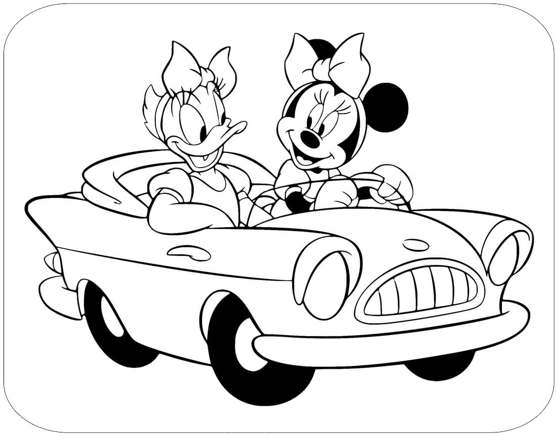 Minnie Mouse dan Daisy di dalam Mobil