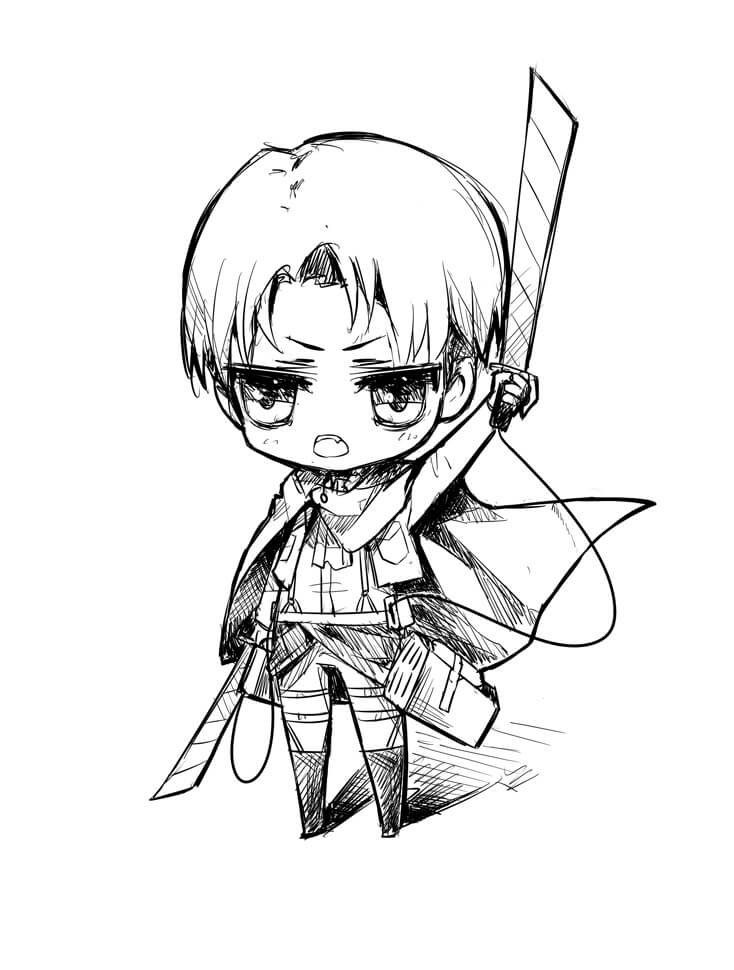 Menggambar Chibi Levi Memegang Pedang