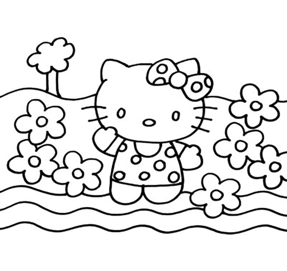 Gambar Hello Kitty di taman bunga