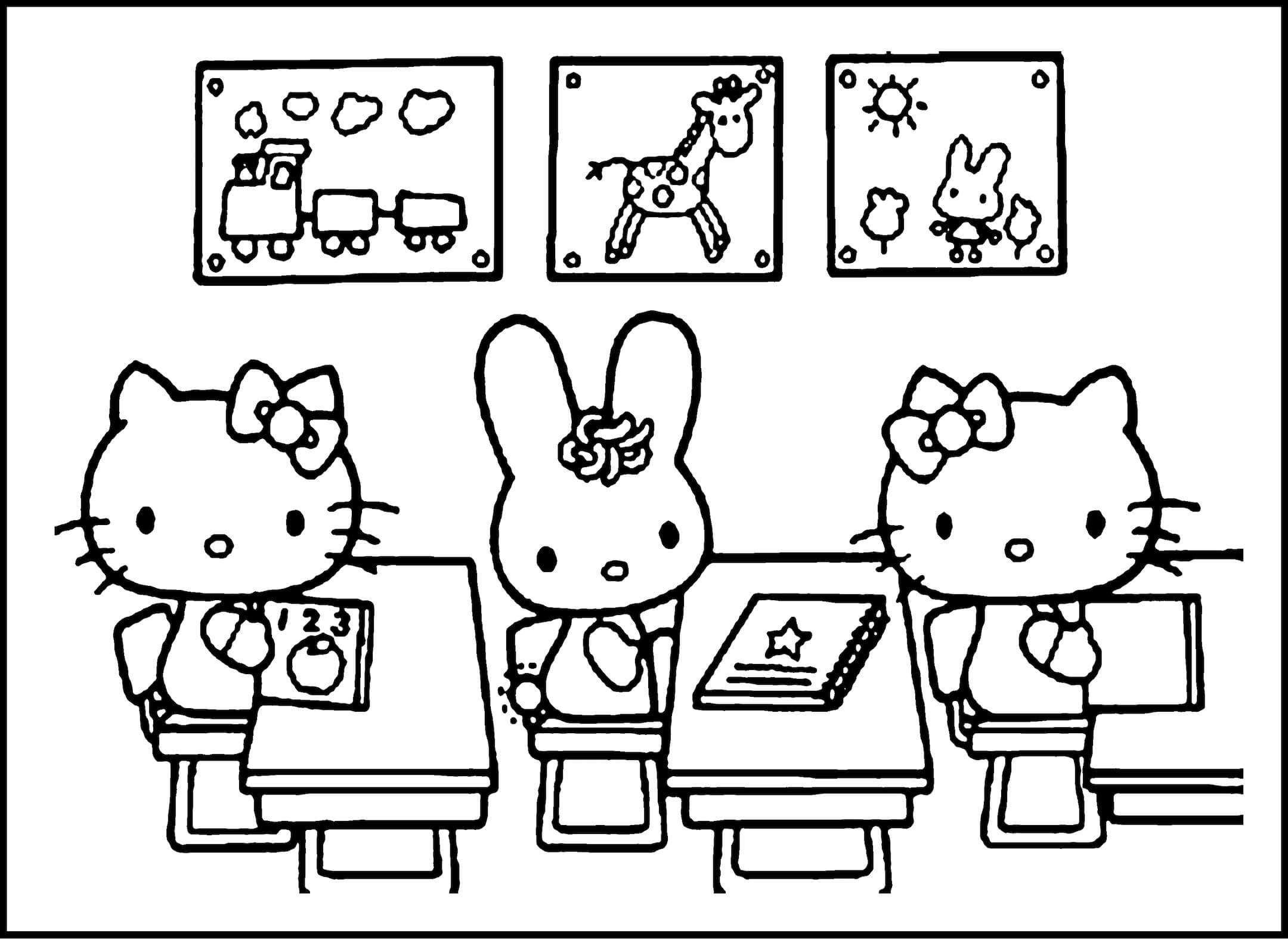 Hello Kitty dan Teman-temannya sedang duduk di Ruang Kelas