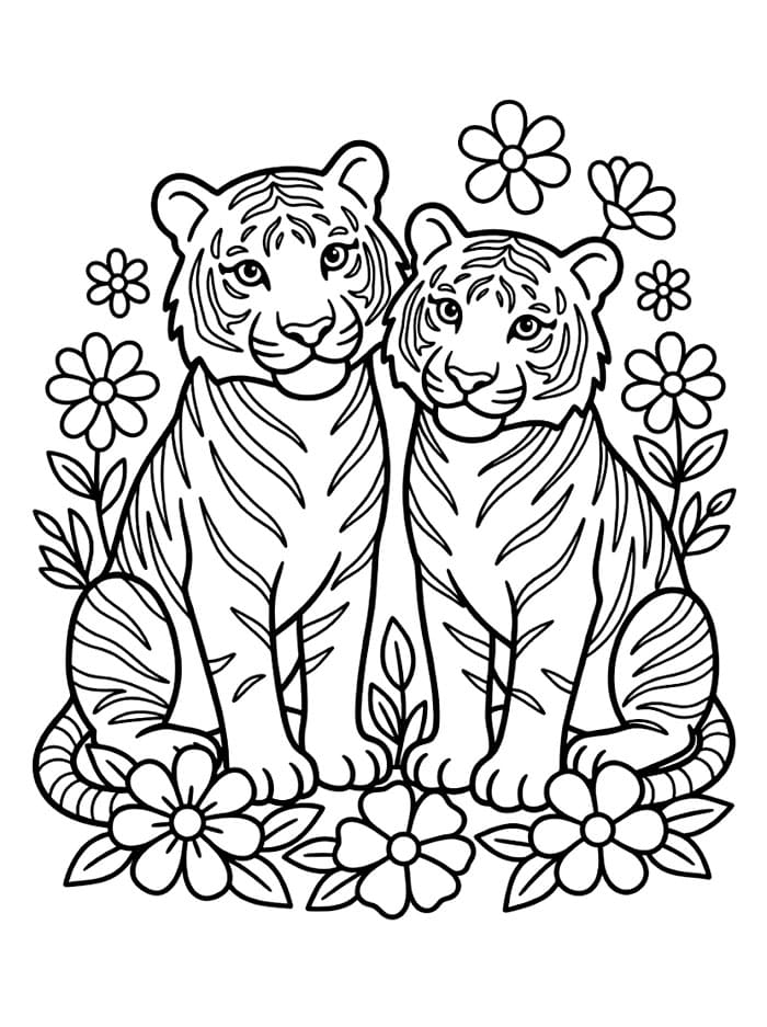 Dua Harimau dengan Bunga