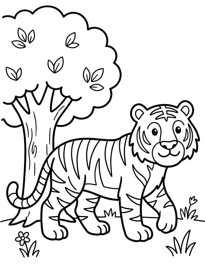 Harimau Berjalan Dengan Pohon