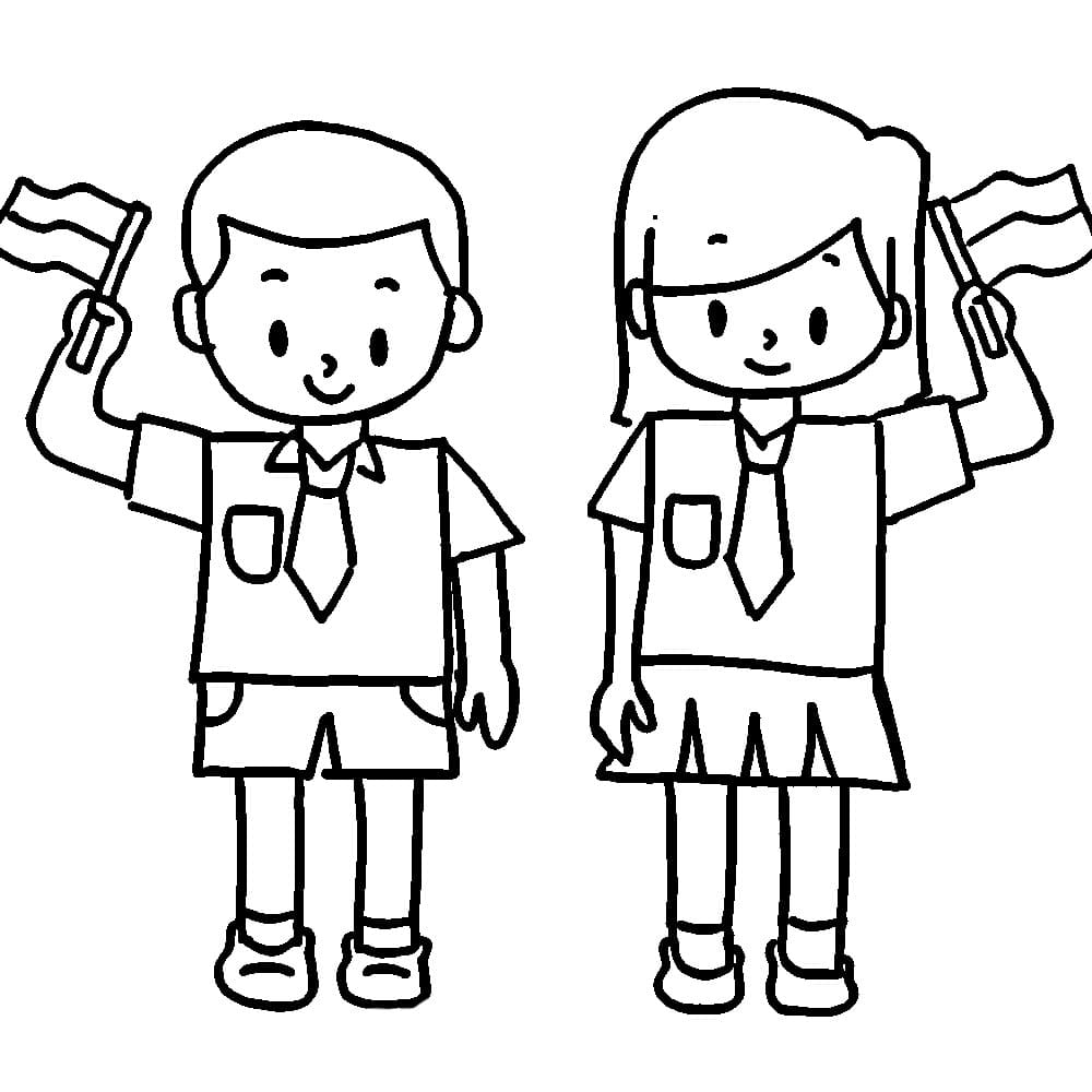 Dua anak mengibarkan bendera Hari Kemerdekaan