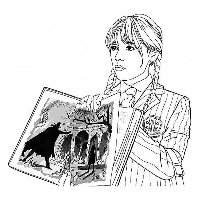 Wednesday Addams dengan Buku Jahat