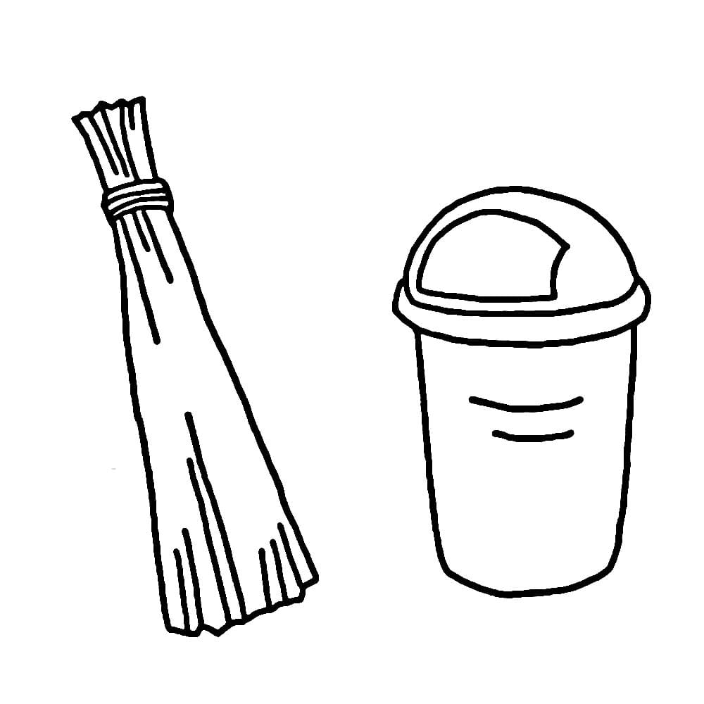 Tempat sampah dan sapu lidi panjang