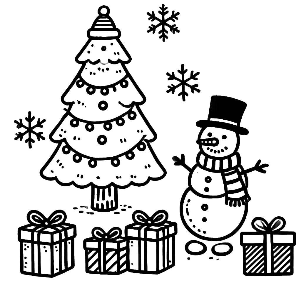 Manusia salju pohon Natal dan hadiah