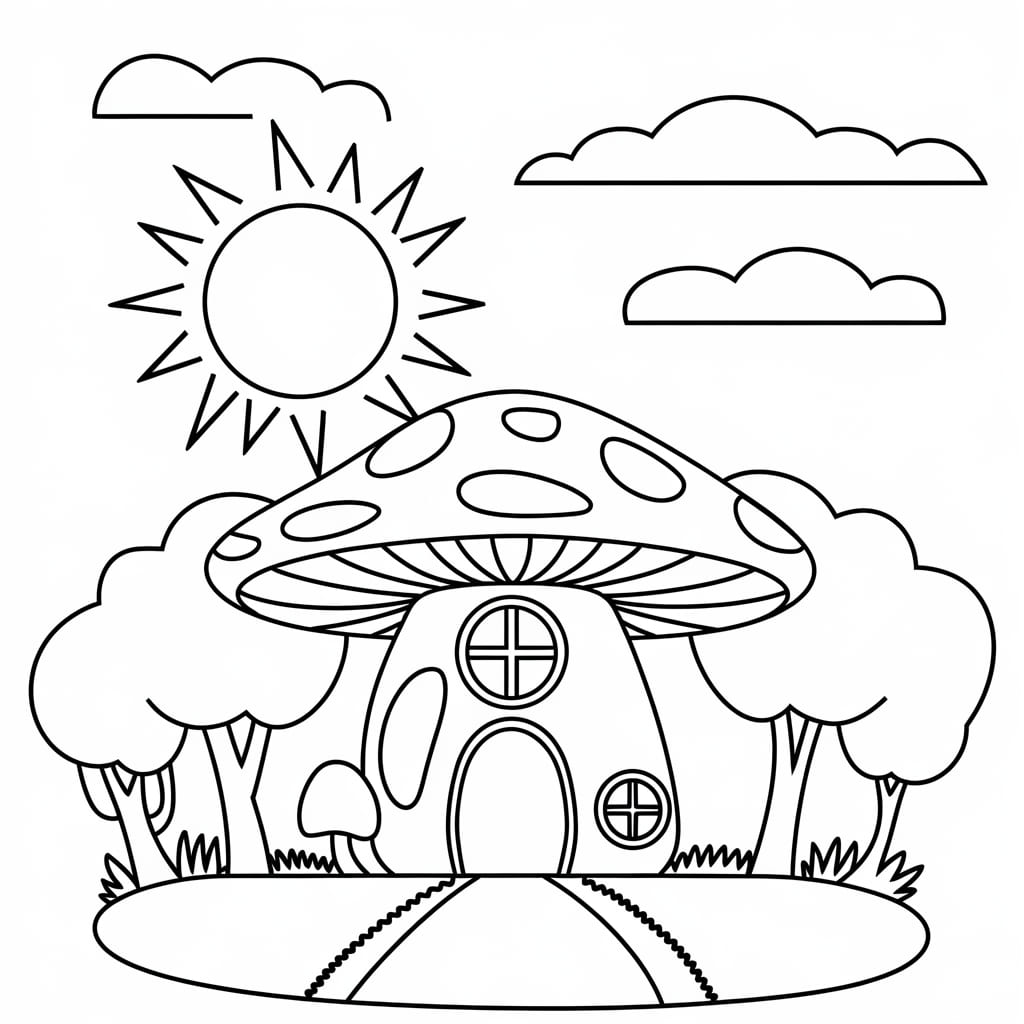 Rumah jamur dengan sinar matahari