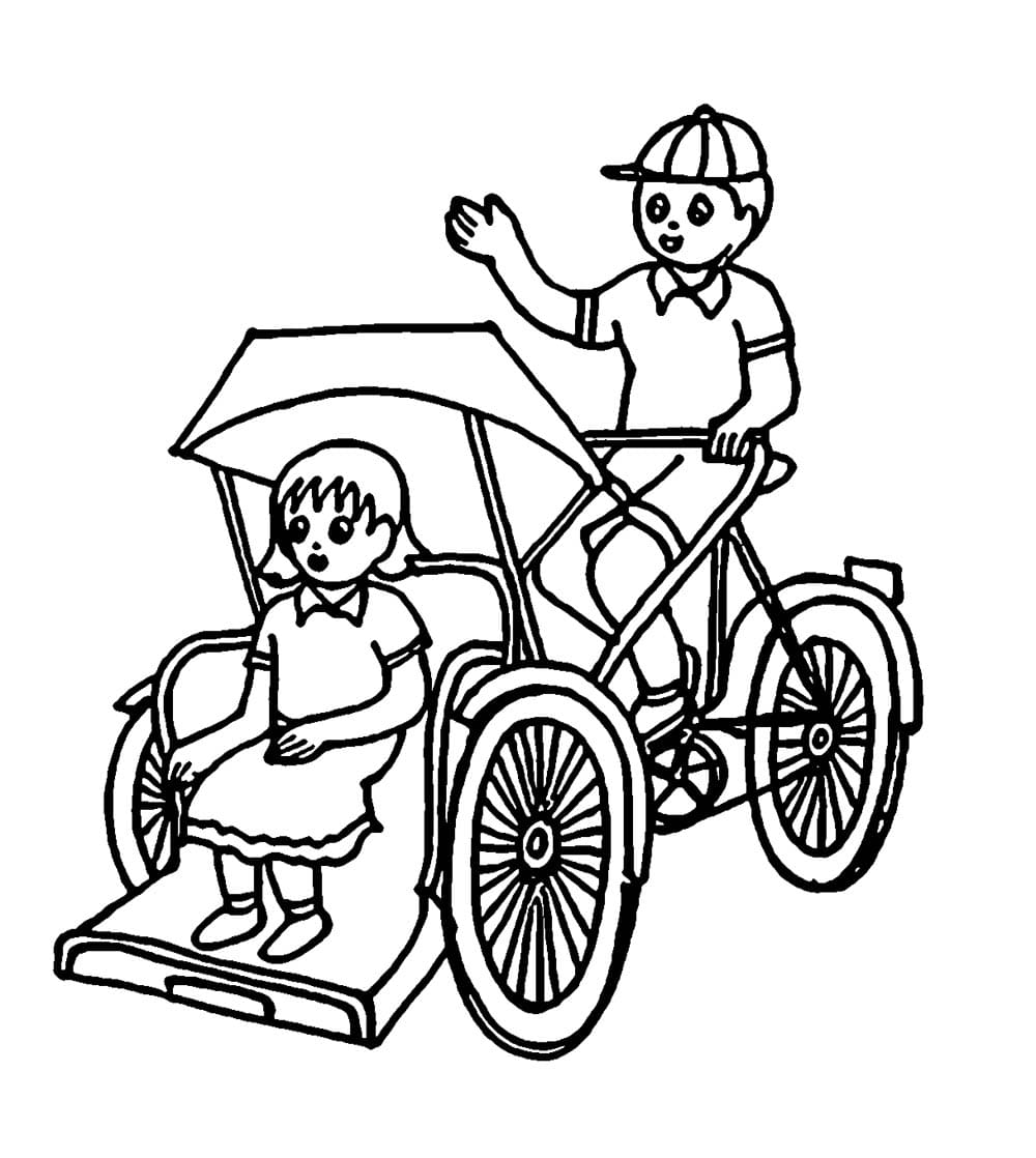 Gadis kecil mengendarai Becak