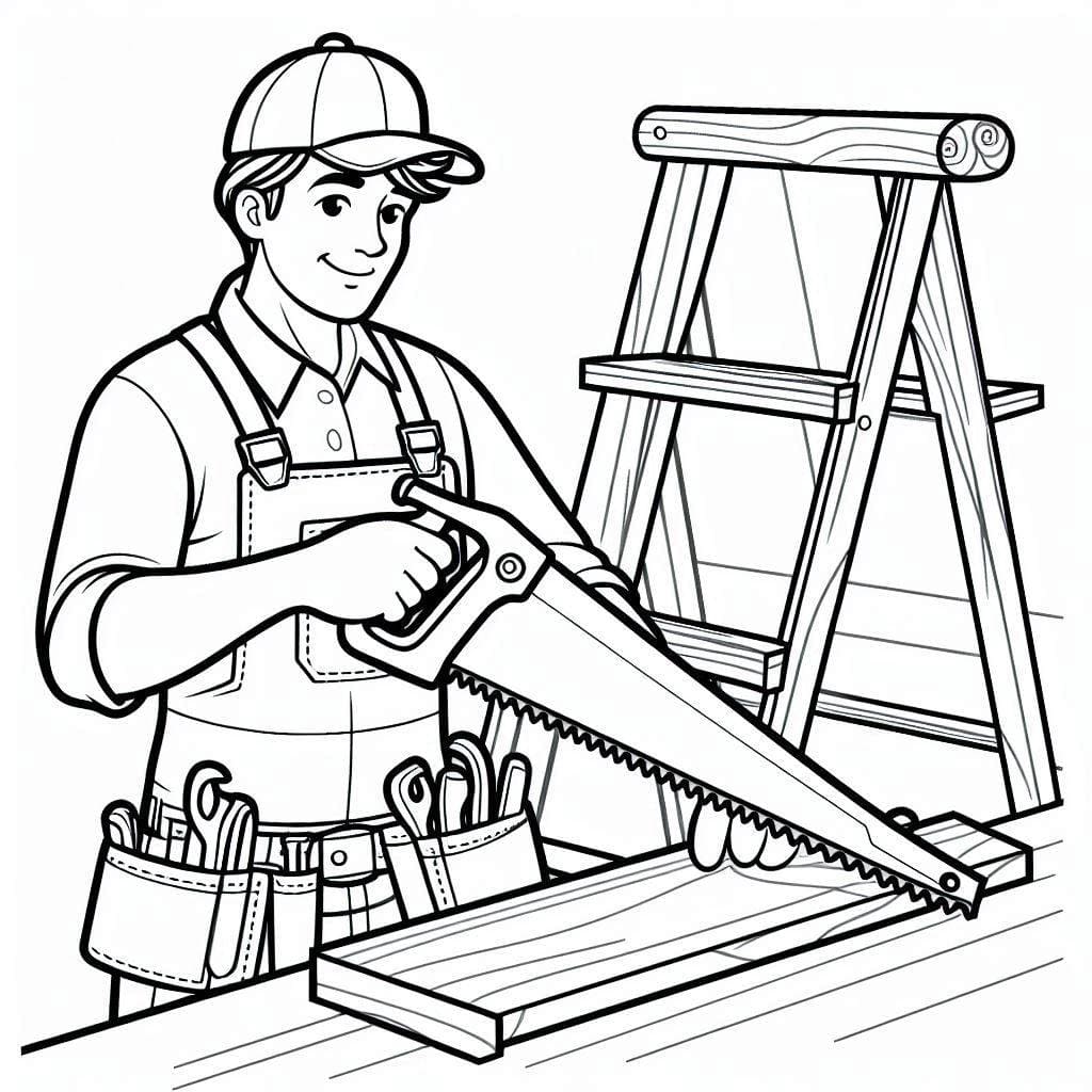 Tukang kayu memegang gergaji