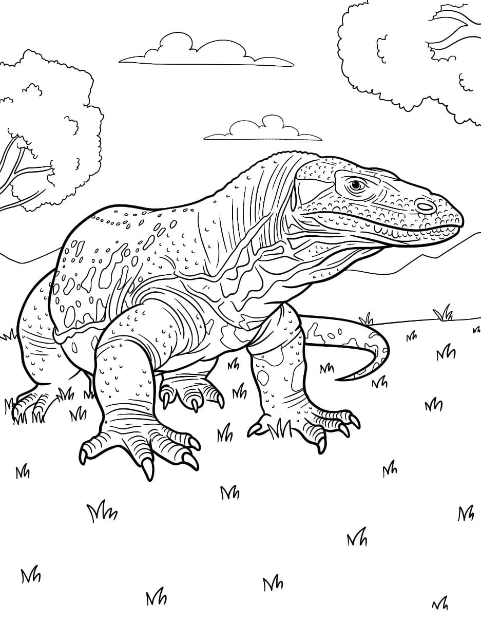 Komodo Tua Merangkak di Atas Rumput