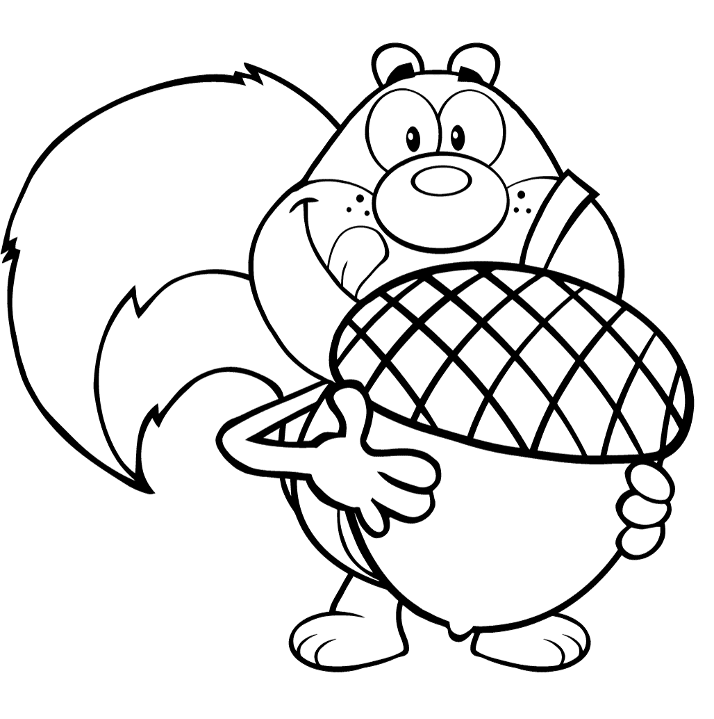 Tupai Kartun Memegang Biji Pohon Ek Besar