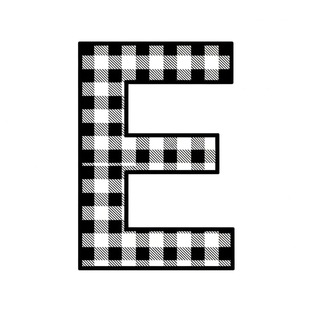 Huruf E dengan pola kotak-kotak