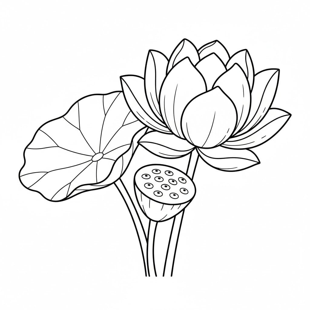 Bunga Teratai dengan Daun dan Buah