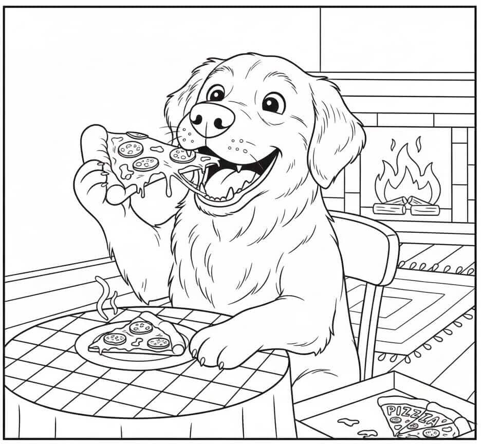 Golden Retriever makan pizza