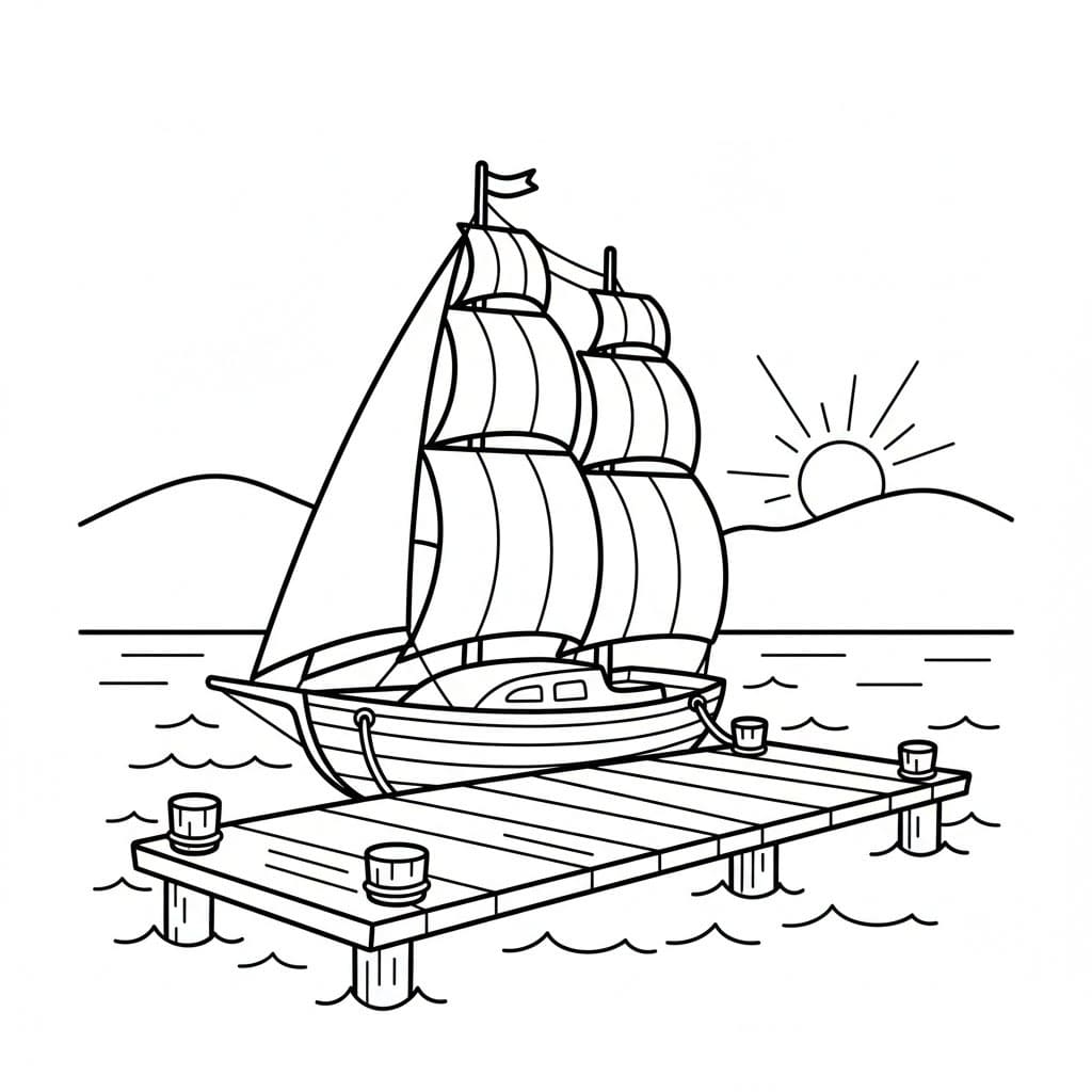 Perahu layar di dekat jembatan kayu