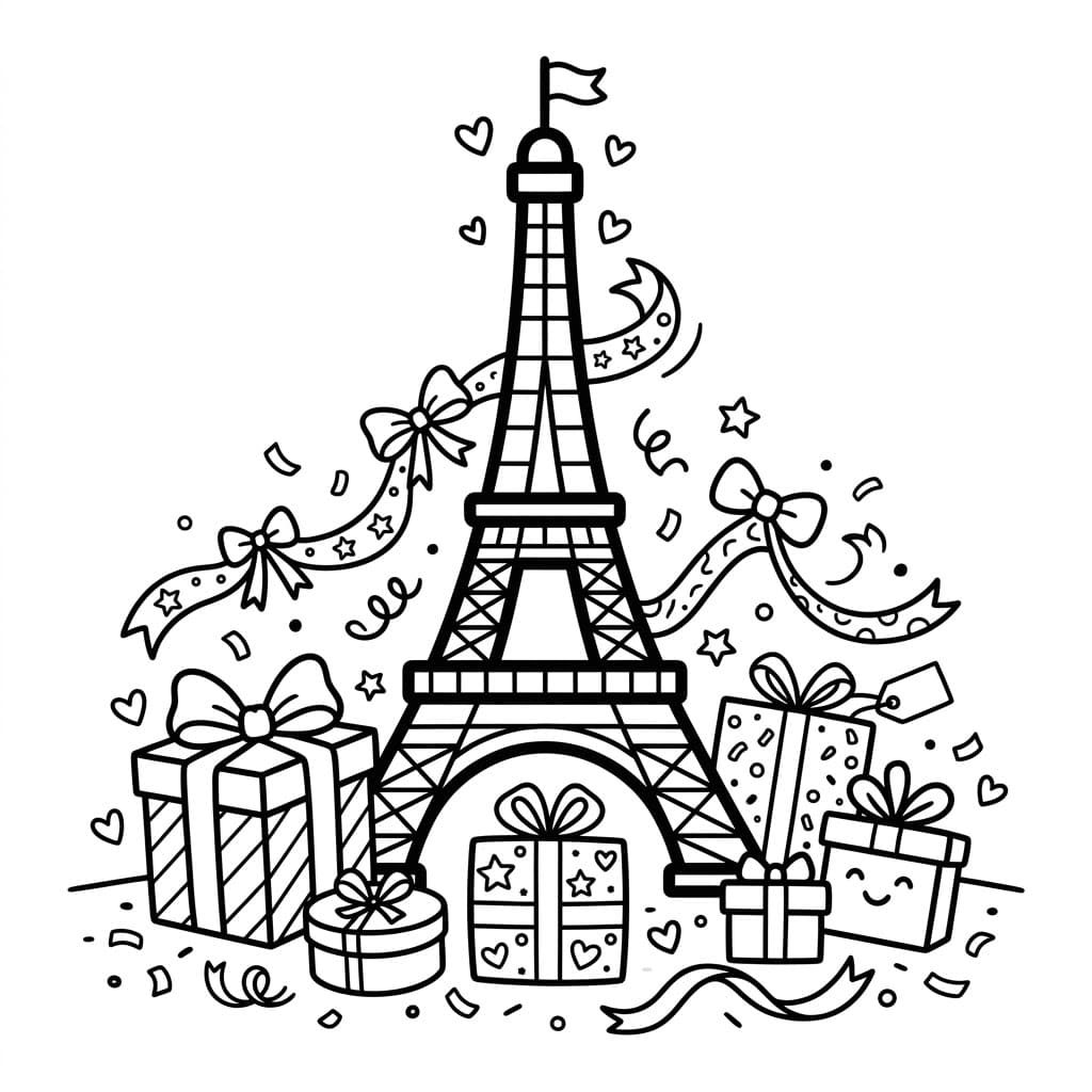 Menara Eiffel dengan kotak hadiah