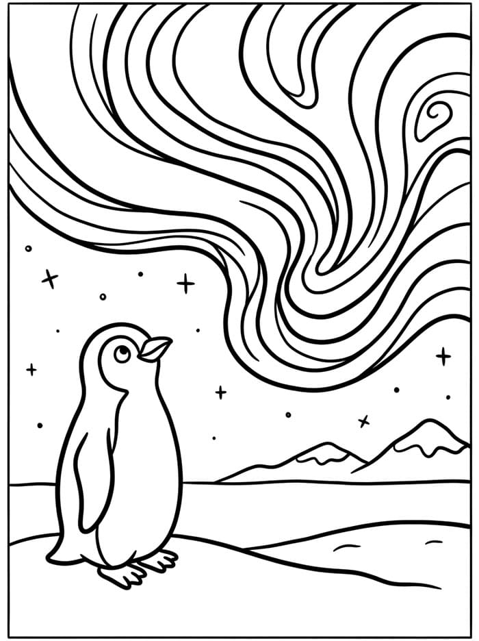 Penguin menonton aurora borealis