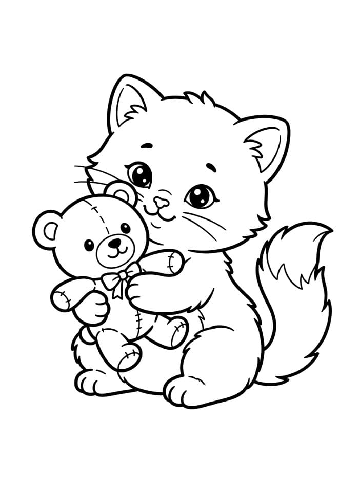 Anak Kucing Memeluk Boneka Beruang