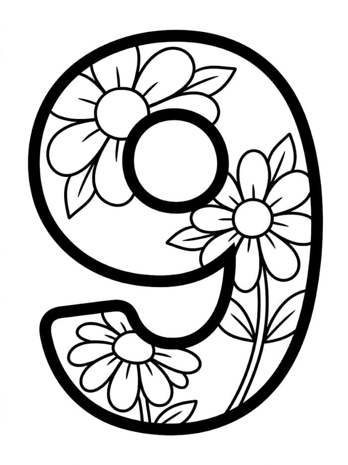 Angka 9 dengan Bunga Daisy