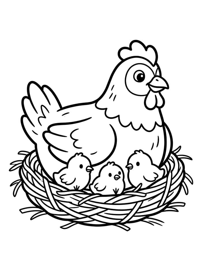 Ayam Betina dan Anak Ayam di Sarang