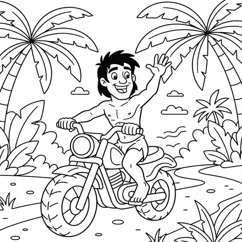 Tarzan mengendarai sepeda motor