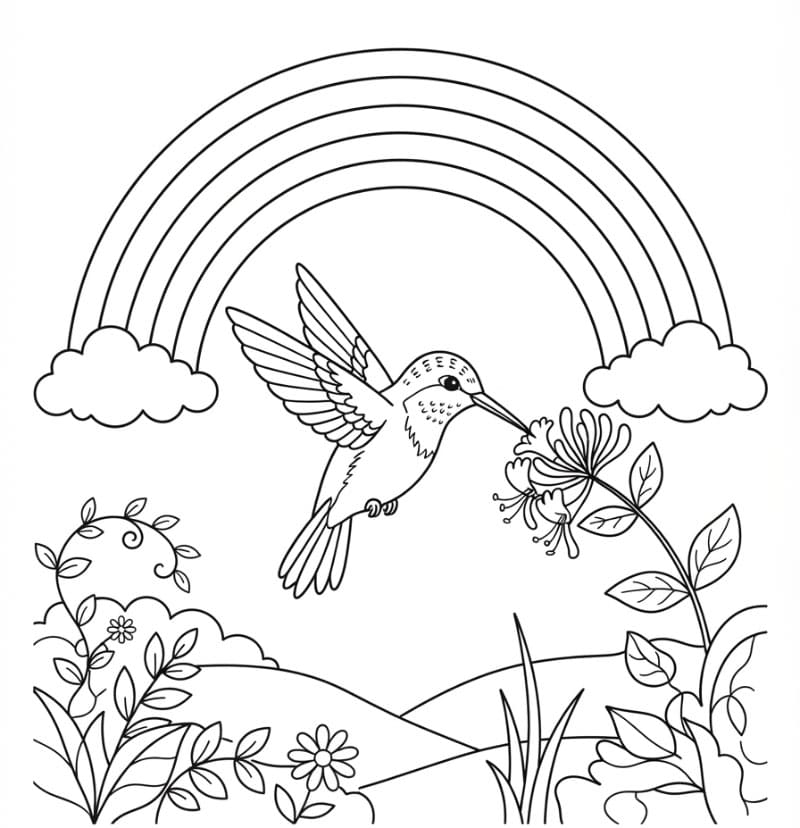 Burung Kolibri di bawah pelangi