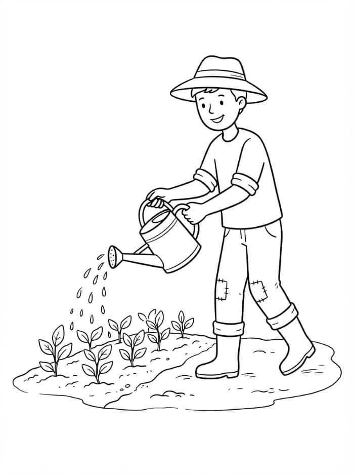 Petani dengan penyiram tanaman