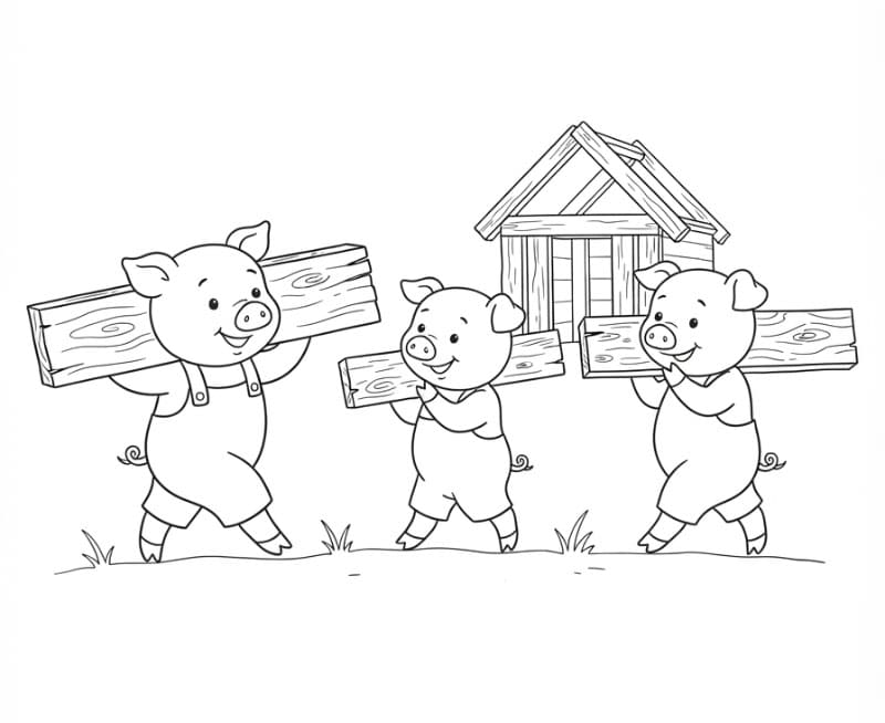 Tiga Babi Kecil Membawa Papan Kayu