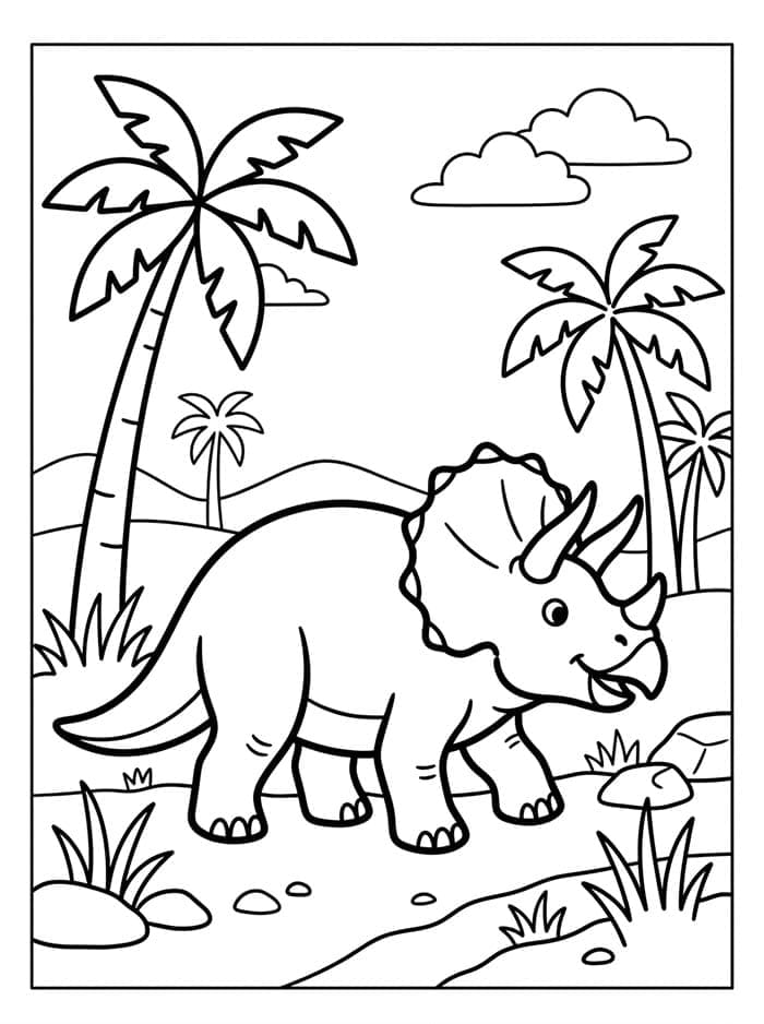 Triceratops dengan Pohon Palem