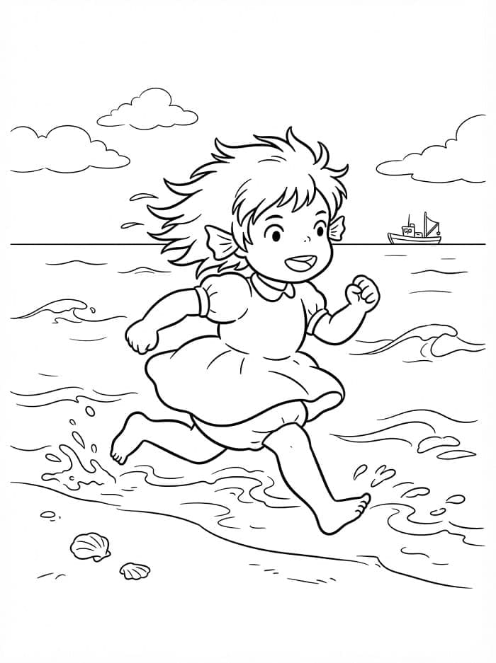 Ponyo berlari di pantai