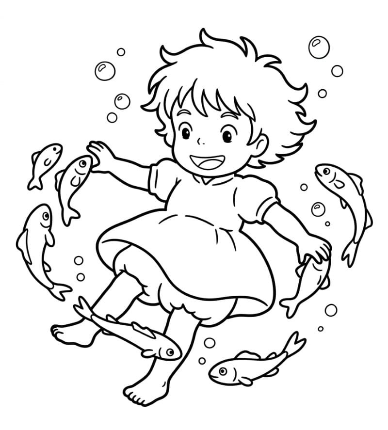 Ponyo bermain dengan ikan