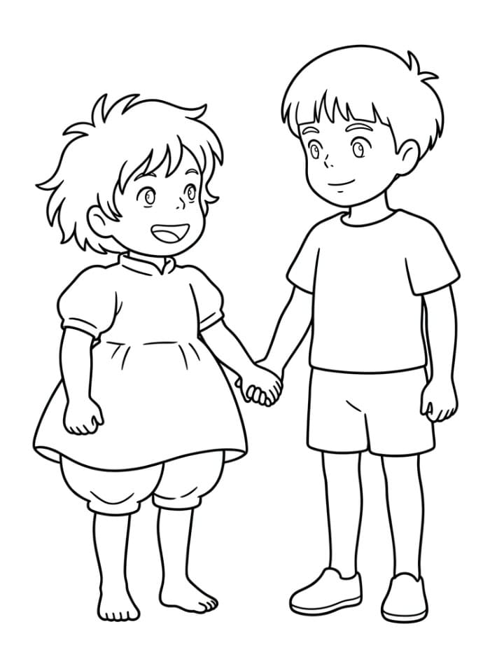 Ponyo dan Sosuke bergandengan tangan