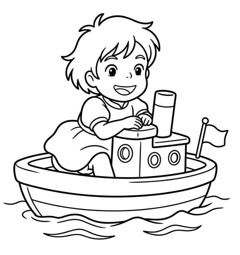 Ponyo naik perahu mainan